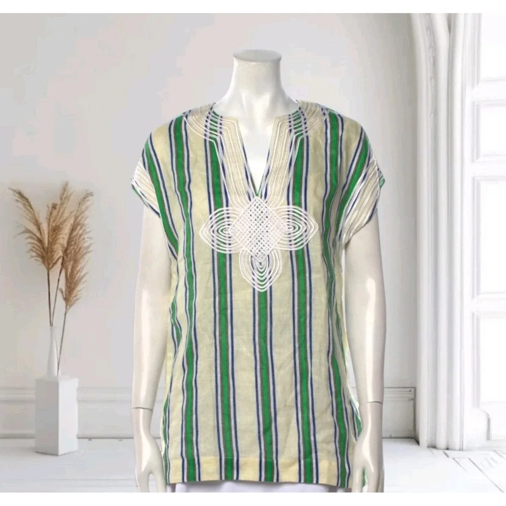 Tory Burch Women's XS Blouse 100% Linen Striped Lagenlook Preppy
